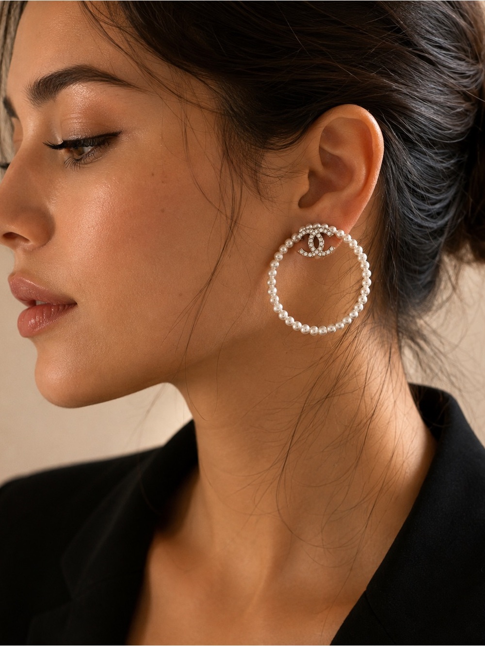 Pearl Hoop Statement Earrings Crystal Interlocking Motif Silver Tone
